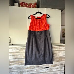 Chic Polka Dot Orangey Red and Navy Midi Dress